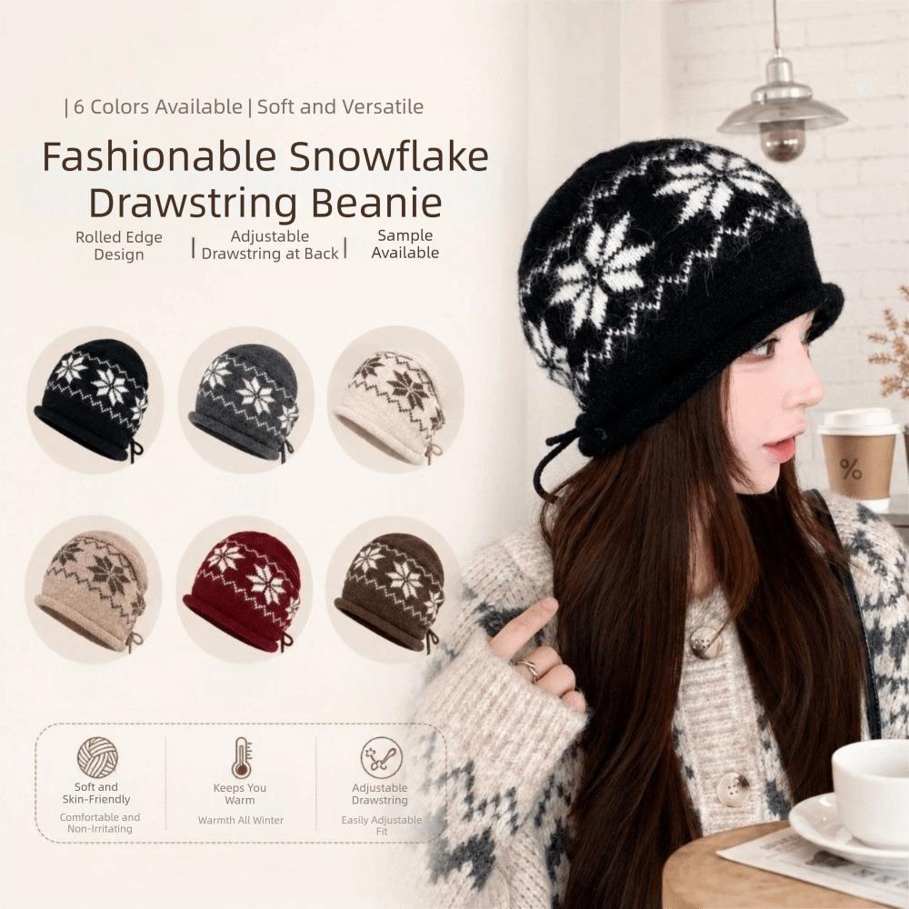 Drawstring Beanies Hat Snowflake Printed Winter Hat Fashion Knitted Hat Autumn