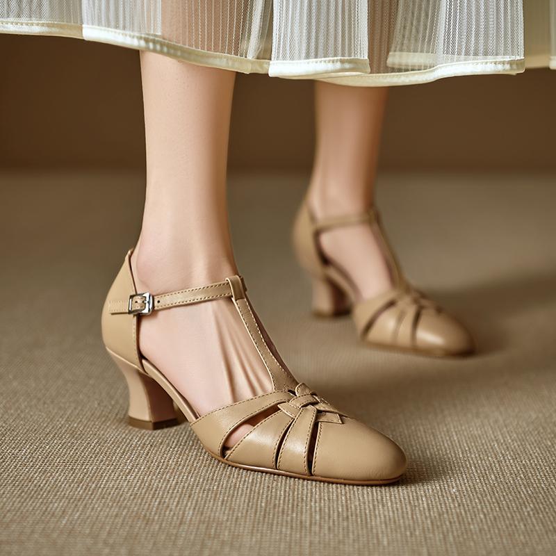 Мода 2025 Новые летние женские туфли из натуральной кожи с квадратным носком, неглубокие женские туфли-лодочки Мэри Джейн для женщин, на массивном каблуке, повседневная обувь