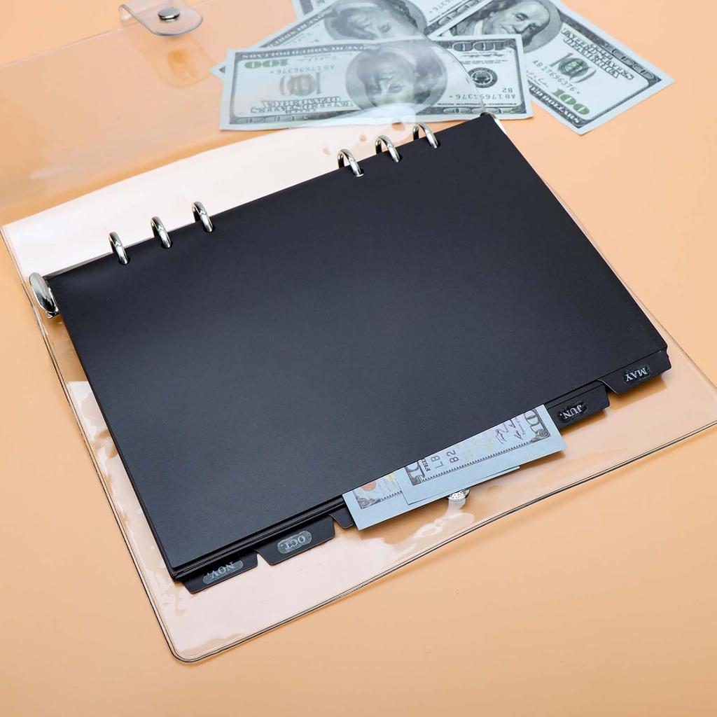 Mogoostry A5 Binder Pocket 7-Tab Binder Dividers Index Pocket Dividers for 6 Ring Binder 1/7 Cut Black Plastic Sheets Protectors, Pack of 2 Sets, 14