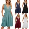 Women Summer Dress V Neck Lace Patchwork Sleeveless Pockets Party Dresses for Ladies Casual Solid Beach Midi Dress