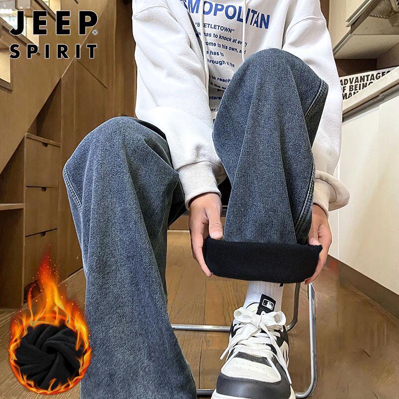 JEEP SPIRIT Men's Fleece-Lined Loose Straight Jeans