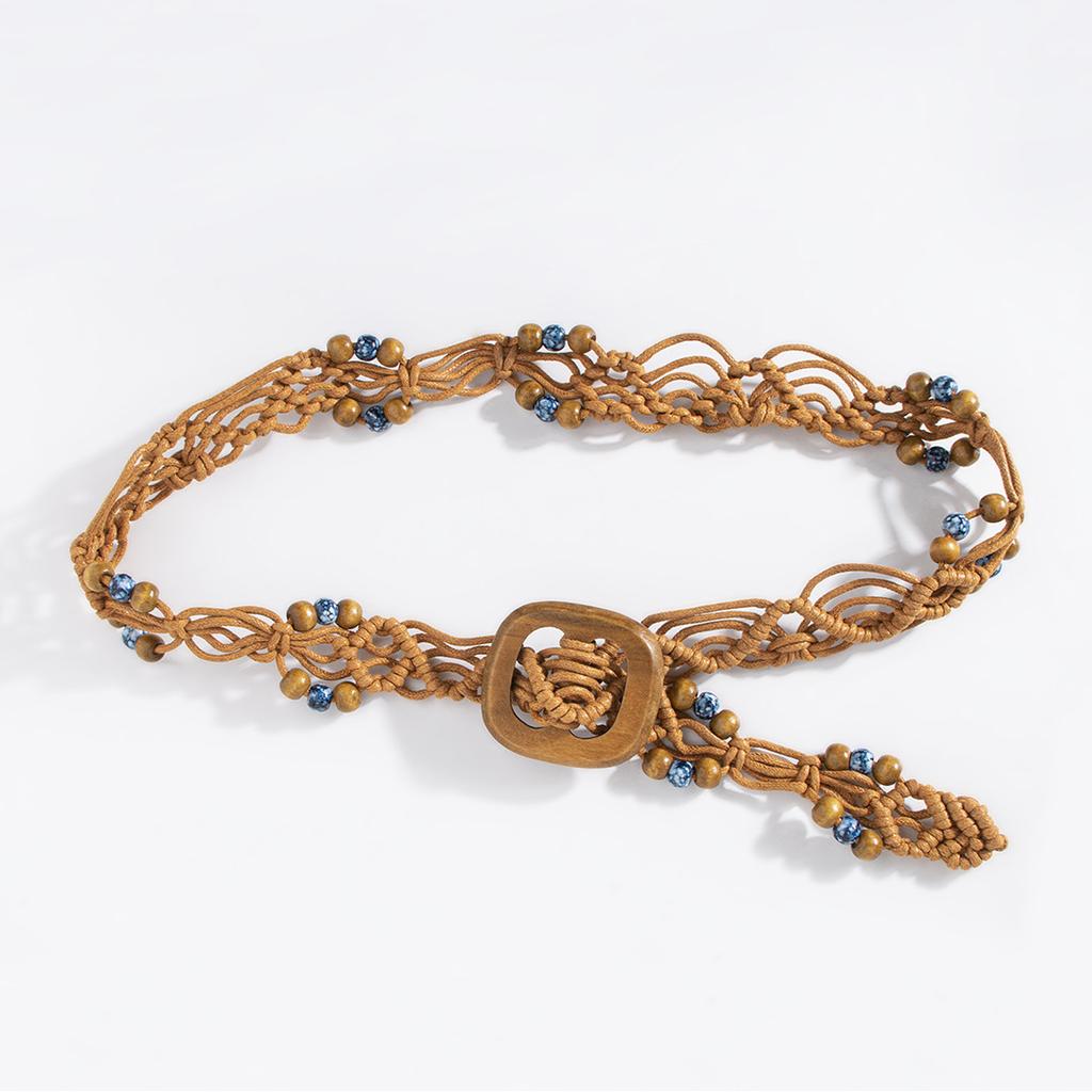 Богемный плетеный пояс из вощеного шнура в этническом стиле ручной работы с деревянными бусинами, повседневный стиль для отпуска, изысканная деревянная квадратная пряжка, пояс-шнур