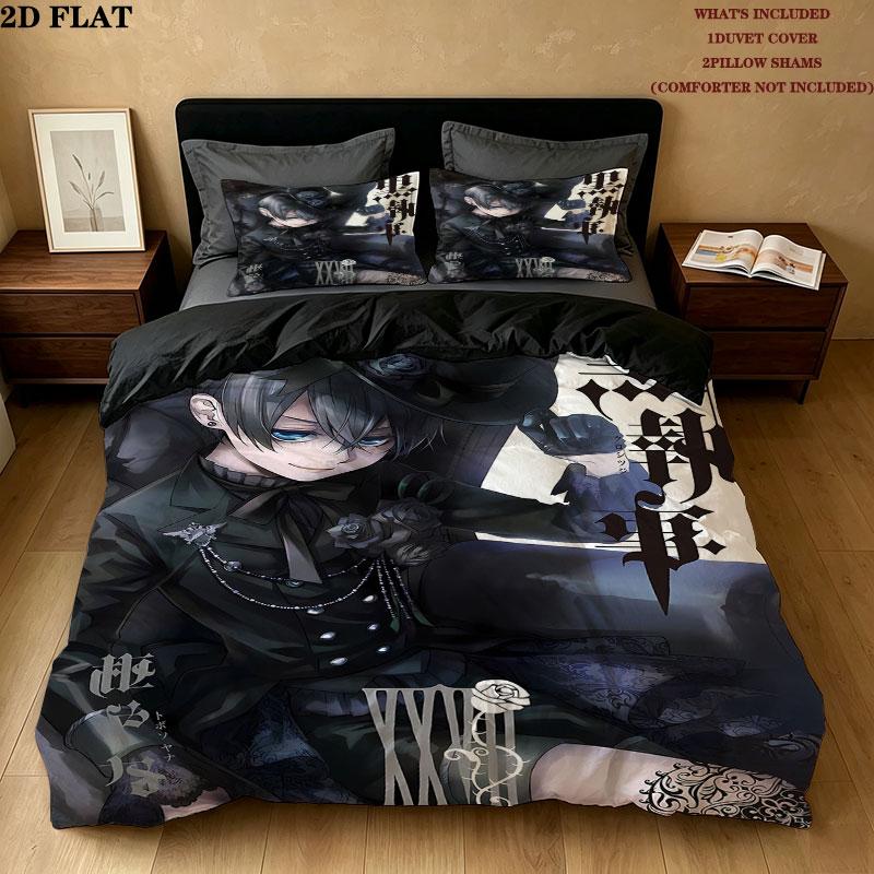 Black Butler Pattern Bedding Quilt Set Quilt Cover Pillowcase Home Birthday Gift(1 * duvet cover + 2 * pillowcase, without core)
