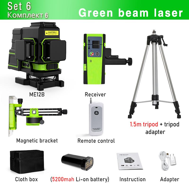 3D 12 Lines Multi-functiona Professional Green Laser Level with Remote Control and Rechargeable Battery