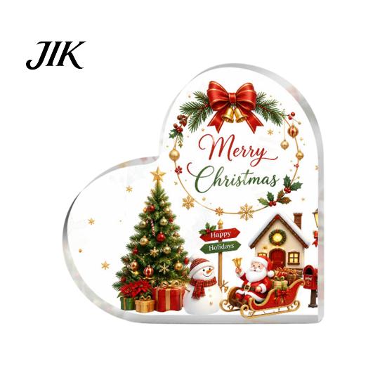 Christmas Table Decorations Heart Shaped Acrylic Tabletop Sign, 2D Winter Snow Scene Desktop Ornament Festive Fireplace Display with Santa, Snowman &