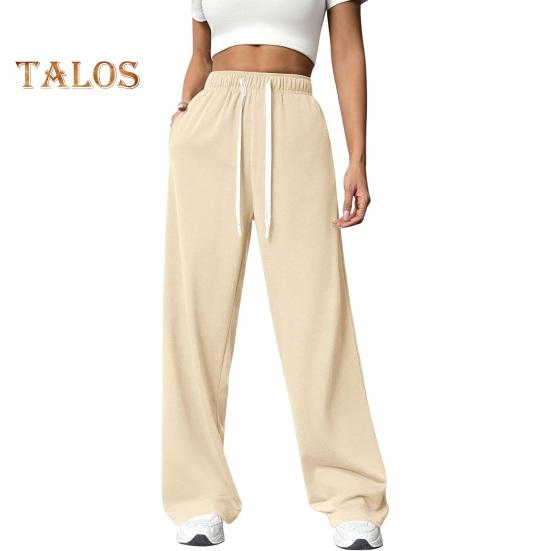 Женские брюки с эластичной высокой талией, регулируемые на шнурке, прямые широкие брюки с карманами, однотонные повседневные брюки