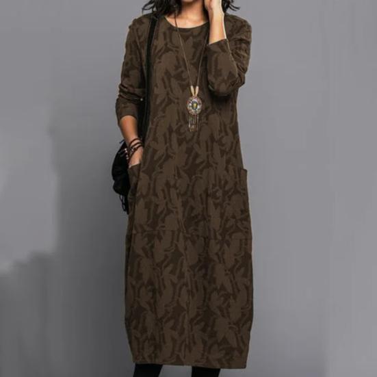 Женское весенне-осеннее платье миди с круглым вырезом и длинными рукавами, карманами, дизайнерским принтом, свободное элегантное платье, уличная одежда