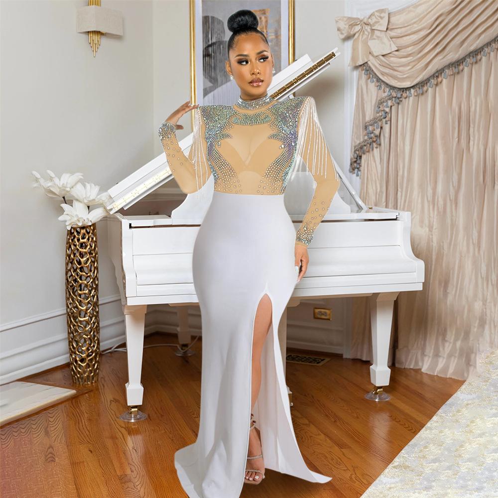CY901118 European and American women's clothing new sexy perspective mesh hot diamond slim split dress