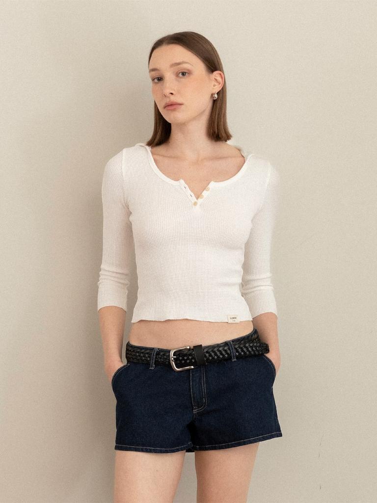 GLOWNY 3/4G Waffle Button Fly Tee (White)