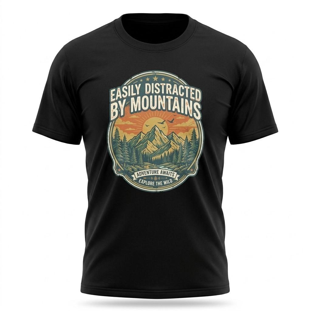 Easily Distracted By Mountains Hiking Black T-Shirt Unisex