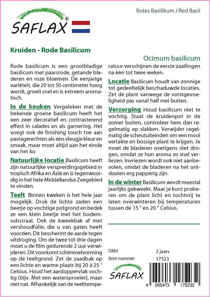 SAFLAX Garden in the Bag - Базилик красный - 200 семян - С субстратом в подходящем пакете - Ocimum basilicum