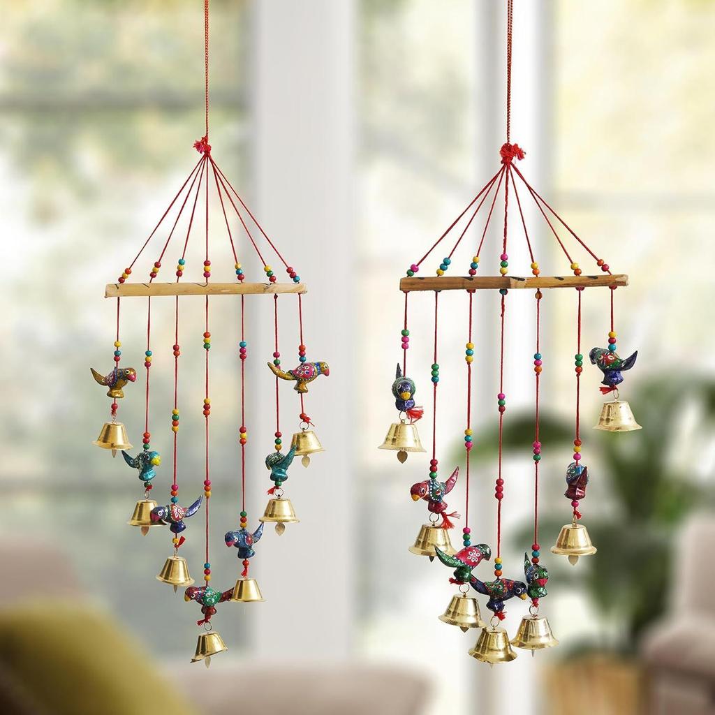 Набор из 2 попугаев, декоративных настенных/дверных/оконных украшений с колокольчиками, изготовленных вручную, для домашнего декора — подарок на Дивали, Наваратри, Дуссехру