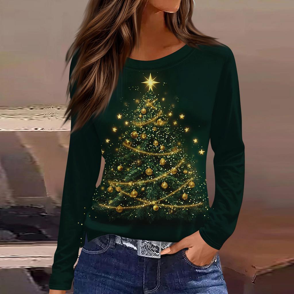 Женская модная повседневная футболка с разрезом по низу, круглым вырезом, длинными рукавами, свободного кроя, с рождественским принтом, женский топ