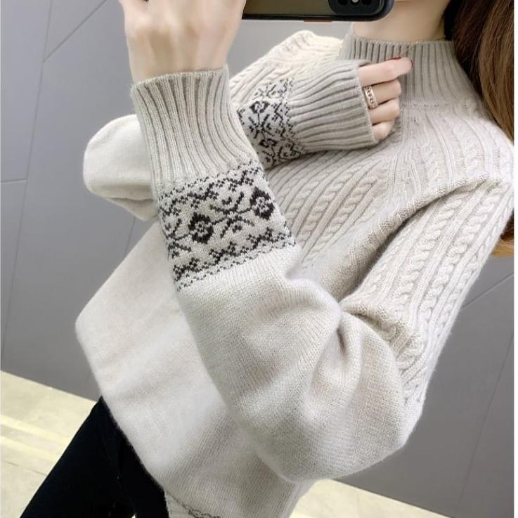 Осенне-зимний женский свитер с полувысоким воротником, свободный, толстый пуловер, вязаный топ, жаккардовый, эластичный вязаный топ, джемпер.