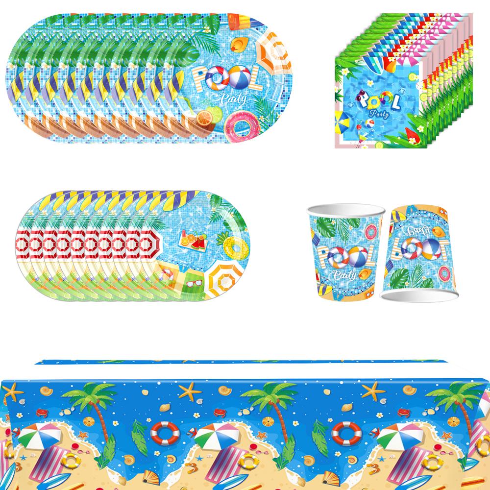 Новый набор посуды для пляжной или бассейновой вечеринки из 51 предмета включает скатерть, тарелки, стаканы, салфетки
