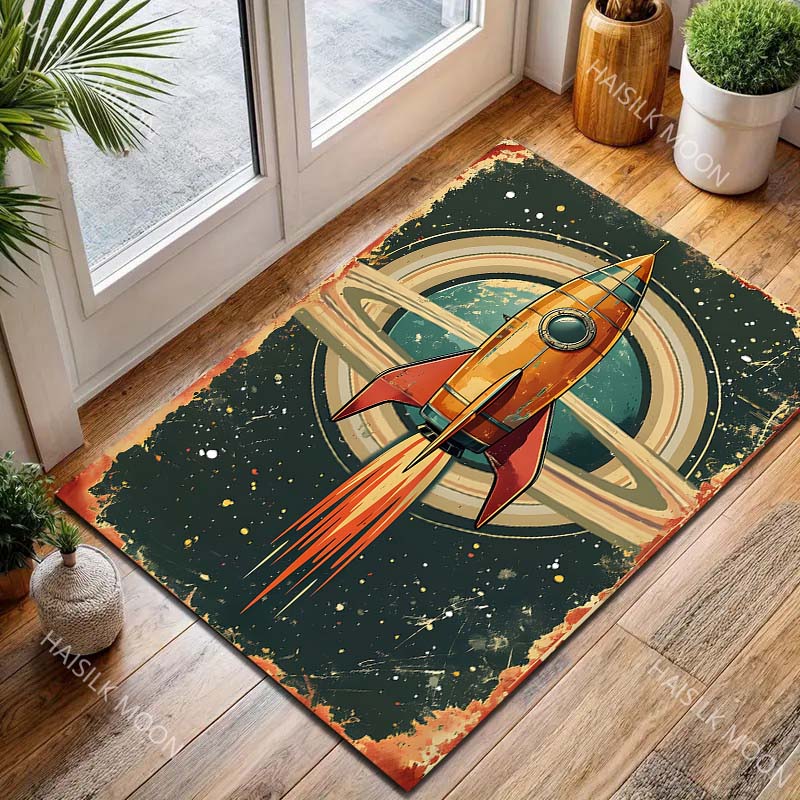 Retro Iron Spaceship Carpet for Living Room Bedroom Bedside Floor Mat Sofa Table Area Rugs Home Decor Large Size Machine Wash