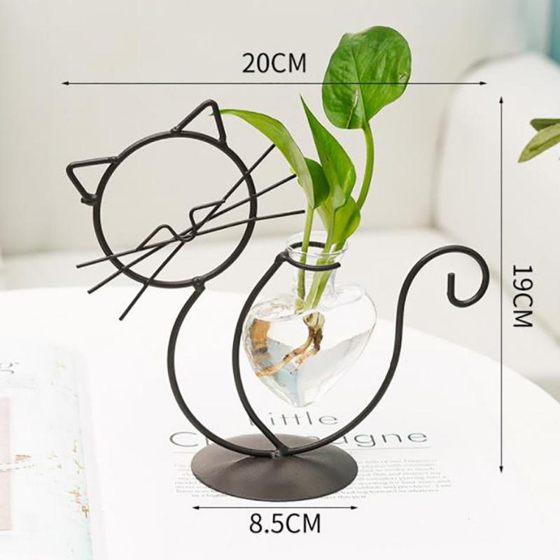 Hydroponic Glass Heart Vase With Metal Holder Hand Welded High Temperature Baking Paint Lovely Cat Shape Cute And Dynamic