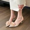 2024 Mid Heel Elegant  Solid Color Pointed Toe Flower Decoration Pumps Slingbacks Ladies High Heels Shoes Female Slides Sandals