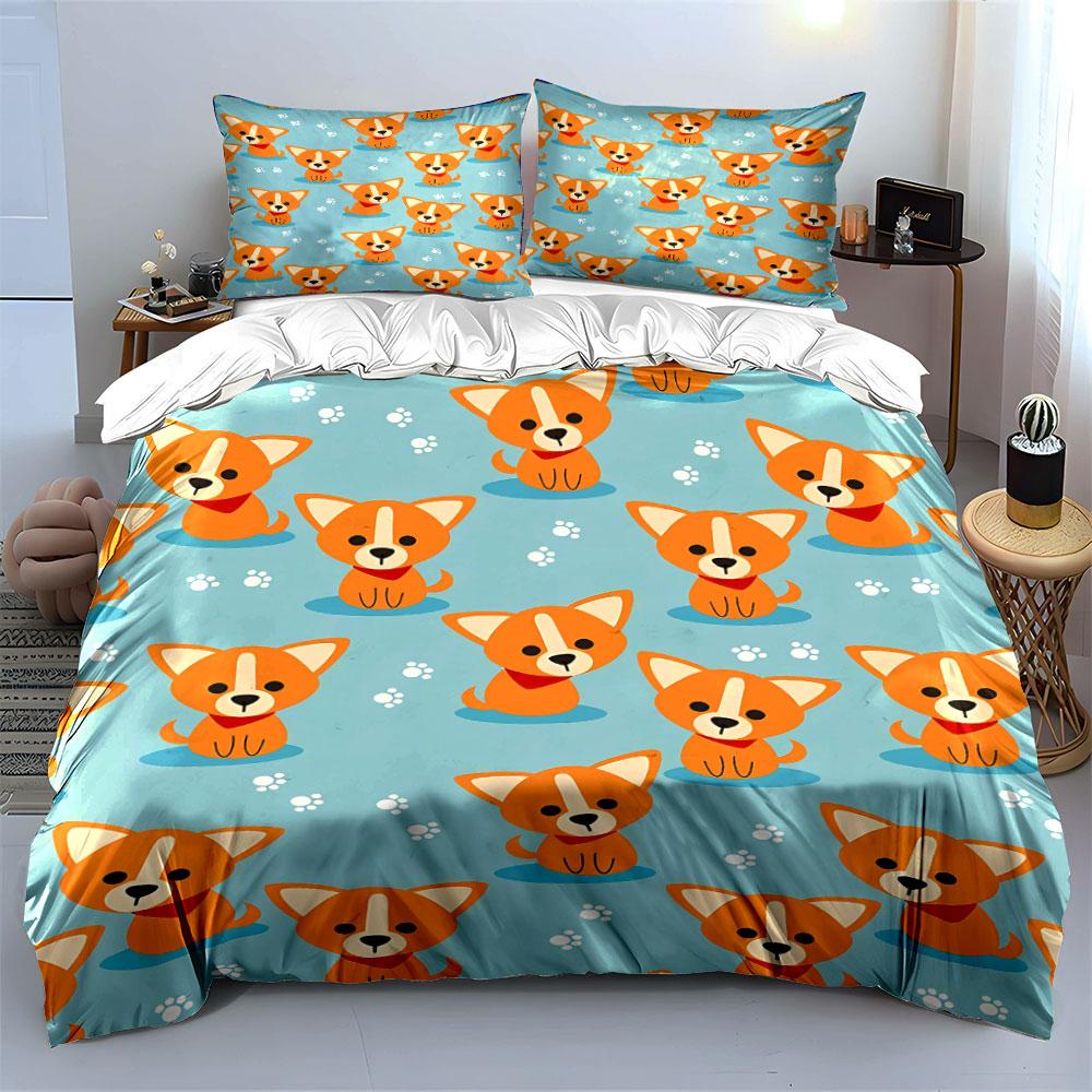 Cartoon Corgi Dog Bedding Set Bedding Duvet Cover Set Duvet Cover Pillowcases (1 * Duvet Cover 2 * Pillowcases, without duvet insert)