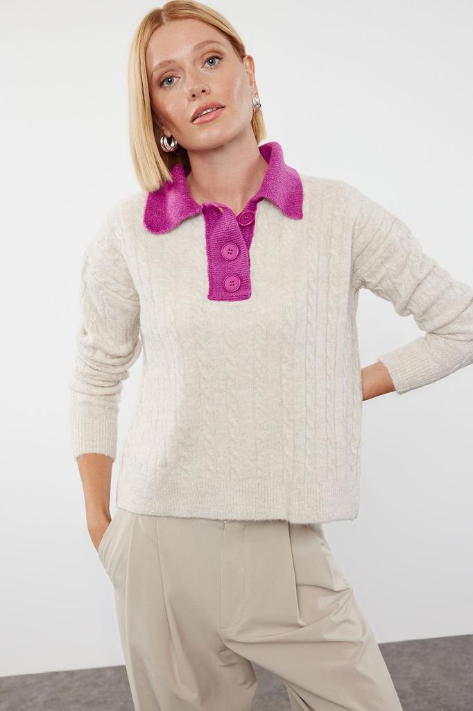 Women's Fashion Stylish Sweater Stone Soft Textured Polo Neck Color Blocked Knitwear Sweater