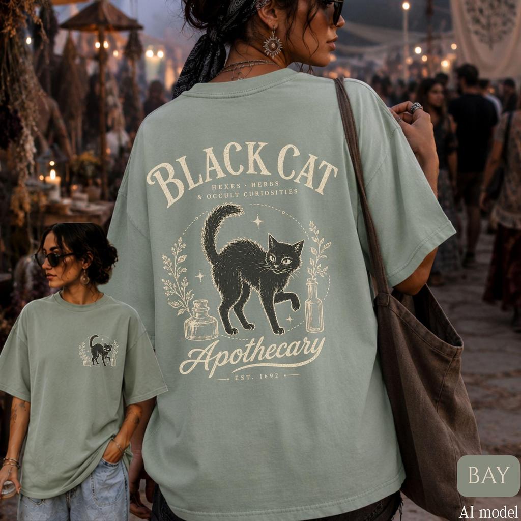 Black Cat Apothecary Shirt, Witchcraft Apothecary, Vintage Halloween Tee