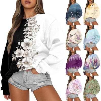 Женская повседневная мода ретро цветочный принт длинный рукав трикотажный спортивный топ свободного кроя
