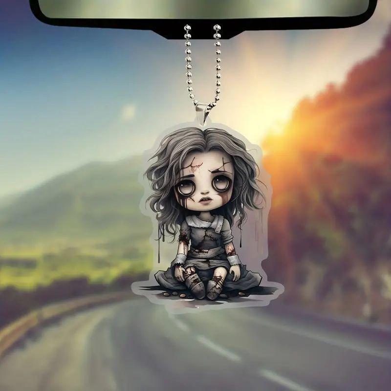 Halloween New Pumpkin Witch Pendant Magic Sweep Girl Flat 2D Rearview Mirror Decoration Pendant Keychain Pendant Set