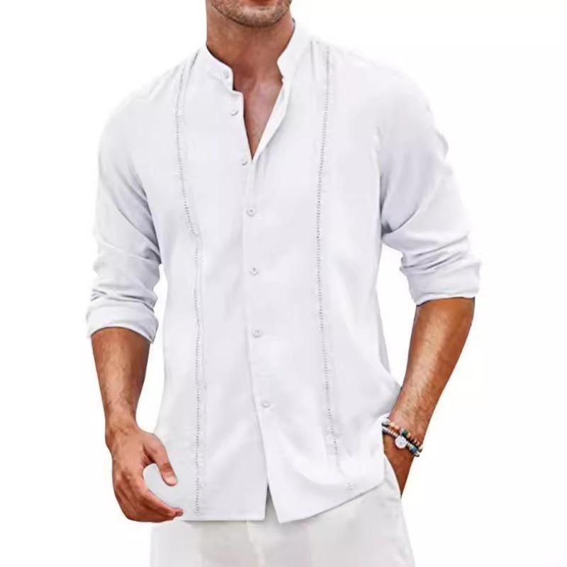 Men's Long-Sleeved Shirts Autumn Solid Color Stand-Up Collar Shirts Casual Beach Style Plus Size Shirts