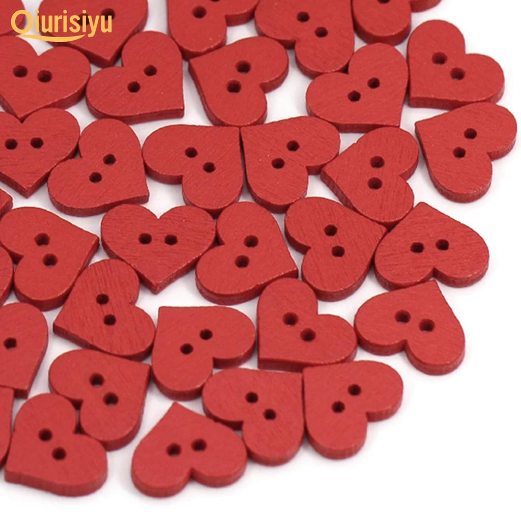 100Pcs 2 Holes Red Love Heart Wooden Button