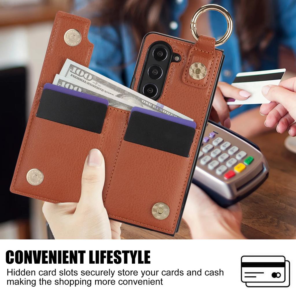 PU Leather Ring Phone Case for Samsung Galaxy Z Fold 7 6 5 4 3 Fold7 Fold6 Fold5 5G Wallet with Pen Holder & Card Slot (No Pen)