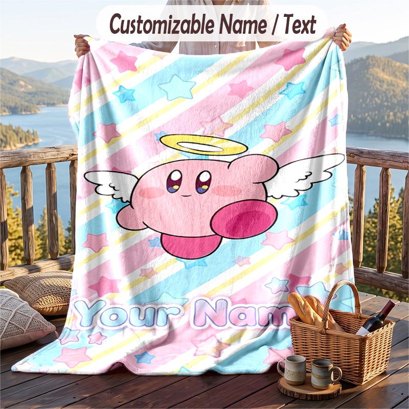Kirby Flannel Blanket, Personalized Custom Name Text, Soft Warm Plush Throw Blanket For Gift