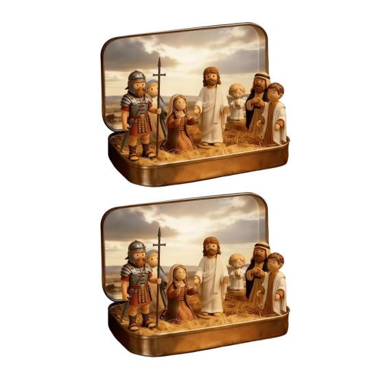 1/2 шт. Набор сцены распятия Иисуса в жестяной коробке Ручная работа Карманный размер Миниатюрный Иисус Воскрешение Жестяной смоляной орнамент Религиозное украшение