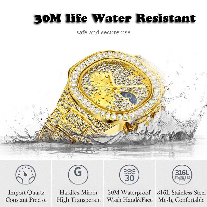 MISSFOX Mens Nautilus Series Watch Moon Phase Calendar Luminous Luxury Hip Hop Wristwatch