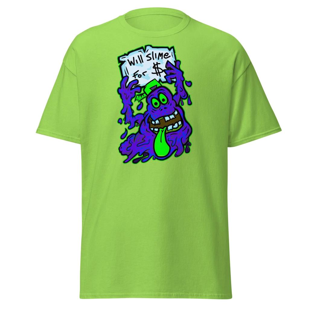 Will Slime For $ Neon Green Graphic T-shirt Funny Cartoon Tee (L)