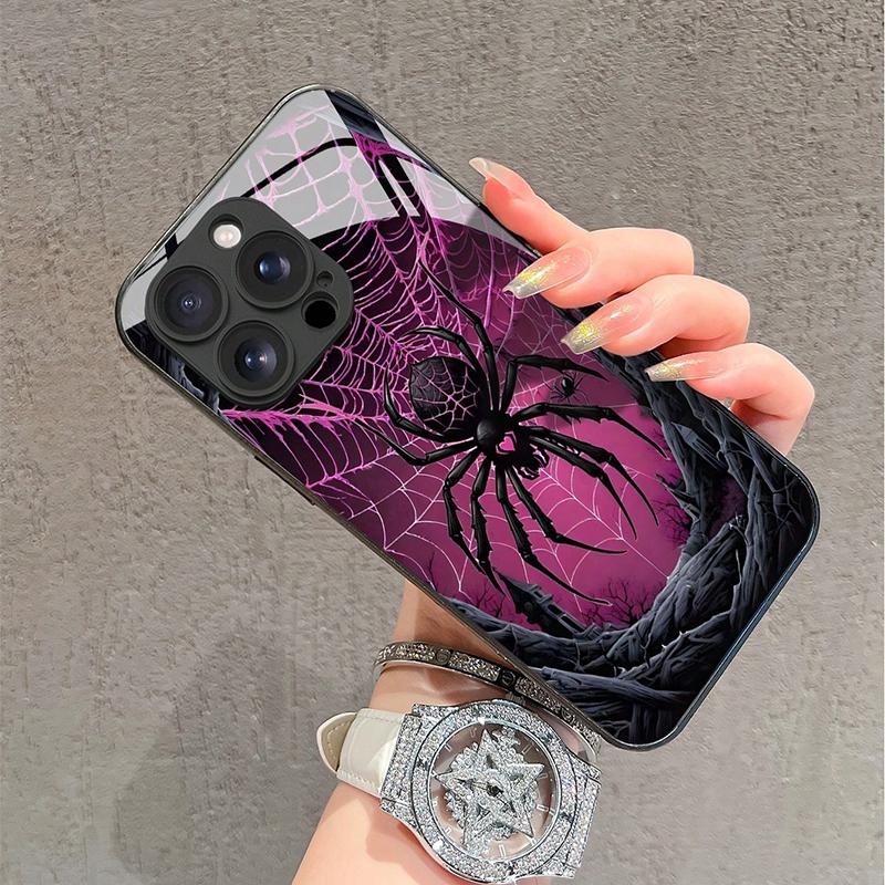 Креативный черный чехол-паук из закаленного стекла для iPhone 11 12 13 14 15 16 17 Pro Max 17Air 16E 7 Plus XR XS Ударопрочный чехол