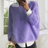 Women Sweater Round Neck Long Sleeve Loose Fit Knitting Tops Breathable Loose Hem Solid Color Knitwear
