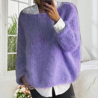 Женский свитер с круглым вырезом, длинным рукавом, свободного кроя, вязаный топ, дышащий, со свободным подолом, однотонный, трикотаж