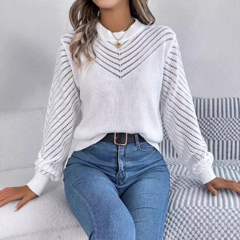 Elegant Round Neck Hollow Out Long Sleeve Pullover Sweater Women 2025 Fashion Sweet Autumn and Winter Casual Knitted Tops Solid Color Office Clothing