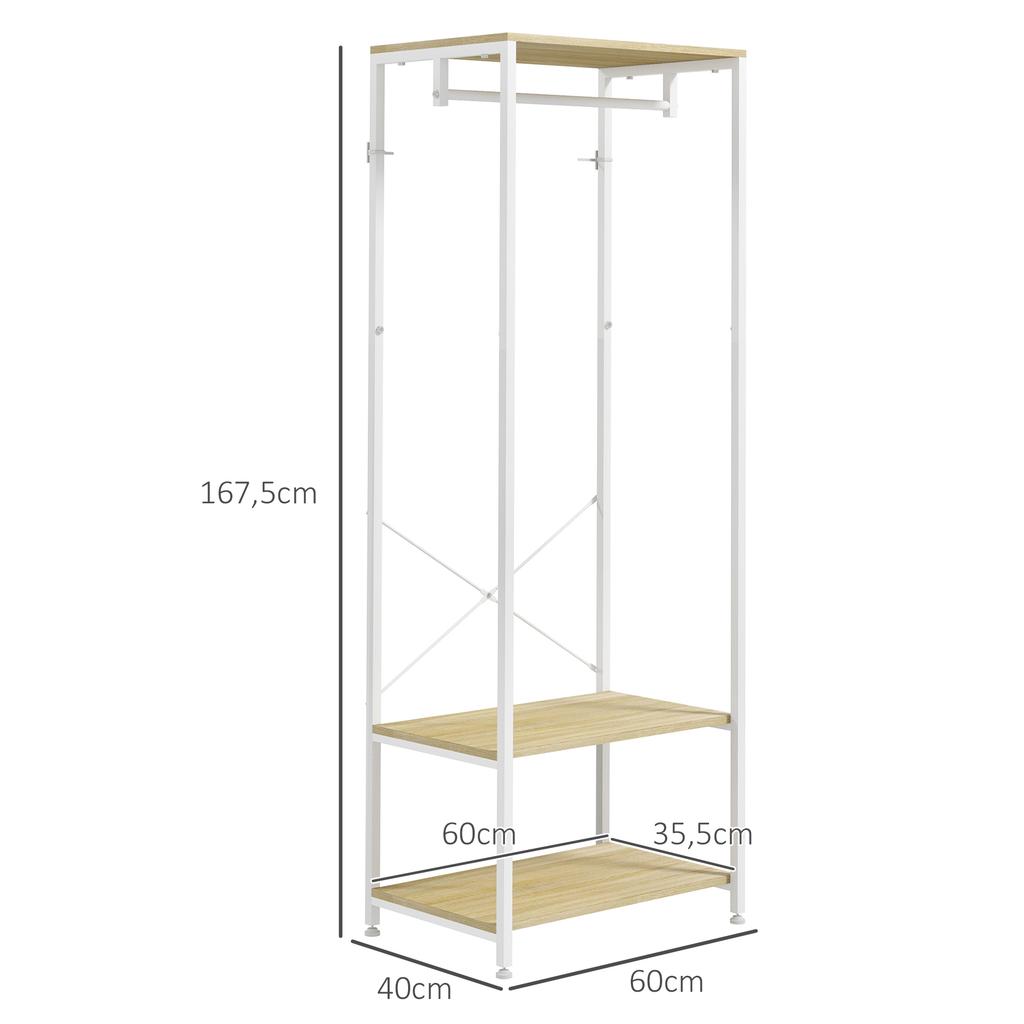 Coat Rack with Hanging Rail and 2 Shoe Shelves, 60x40x167.5cm, Light Wood Look, White Metal