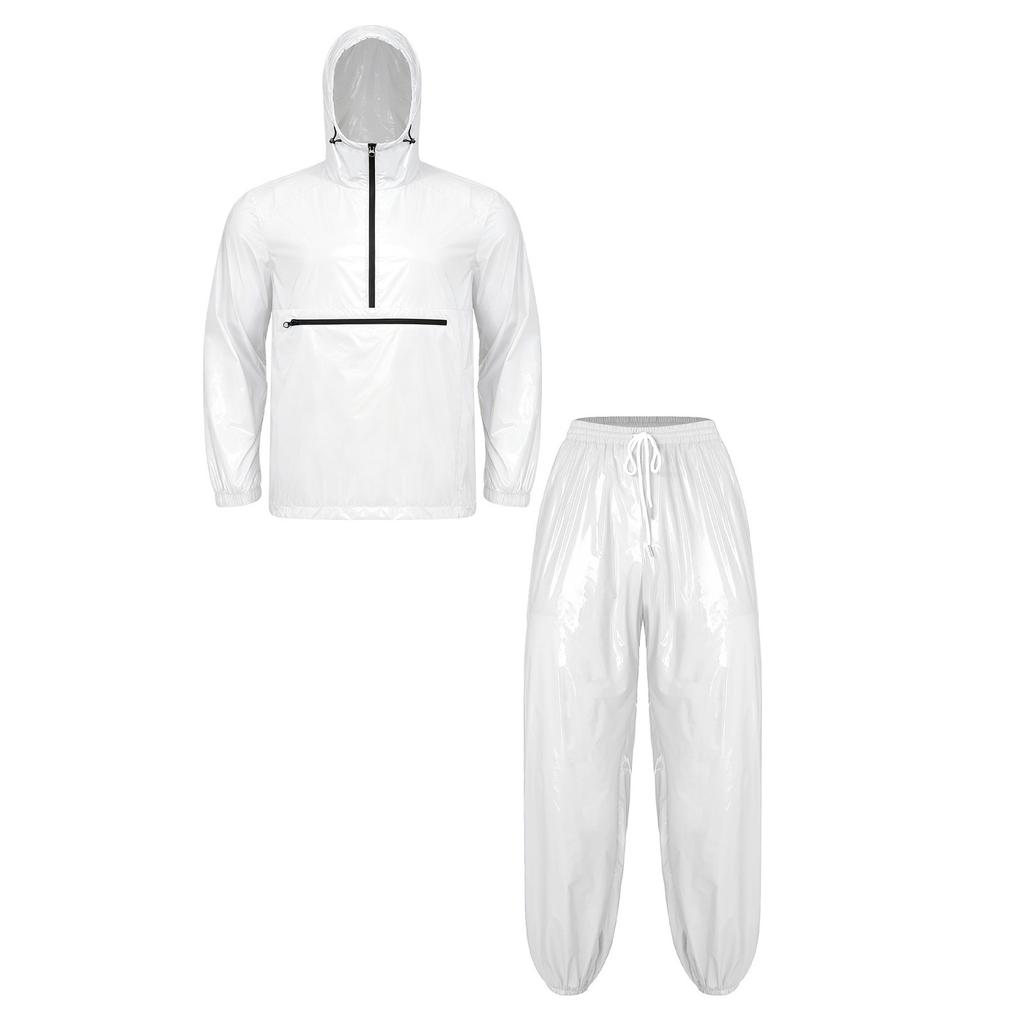 Men‘s Waterproof Hooded Jacket with Zip Pockets and Elastic Waist Jogging Pants Set S-3XL for Outdoor Rain Sports