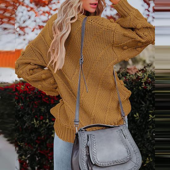 Women Sweater Tops Round Neck Long Sleeve Jacquard Decor Knitted Tops Solid Color Loose Fit Jumper