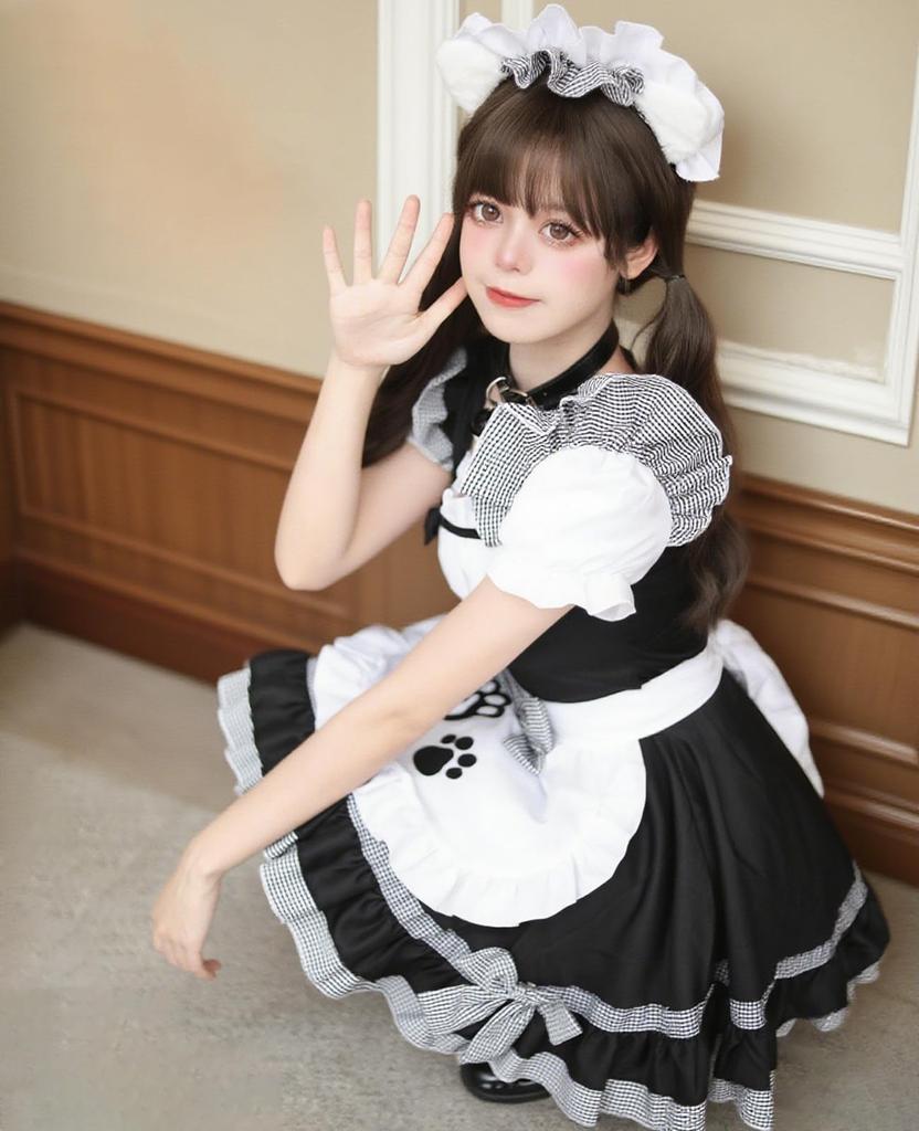 Cat Ear Maid Costume with Plus Cute Maid Halloween Maid Perfect for Photo School and Black [CR ROLECOS] Pannier, Size, Uniform, Costume, Women's,