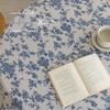 Nordic Cotton Linen Round Tablecloth - Advanced Blue Floral Design, Retro Pastoral Style for Dining and Photo Backgrounds
