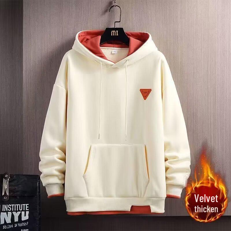 Men's Trendy Two-in-One Velvet Hoodie - Spring/Autumn Long-Sleeve Pullover with Sticker Design