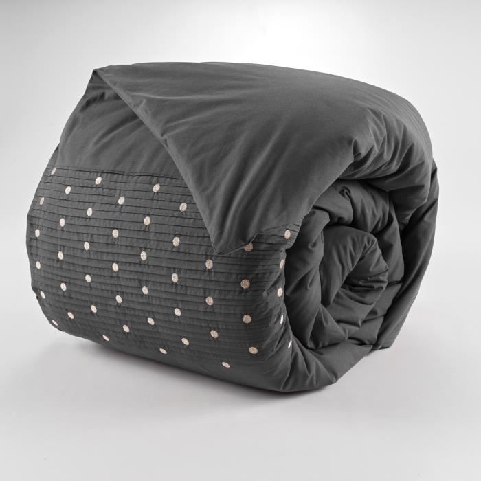 Housse de couette - Agathe - Poivre anthracite - 220x240cm - Coton - Pois brodés