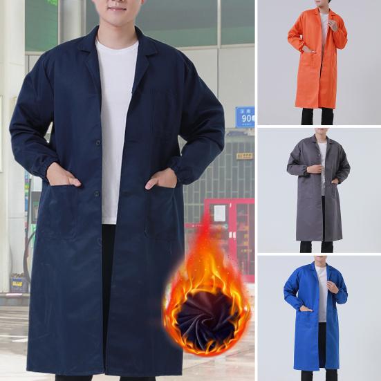 Men Long Coat Non Pilling Full Sleeve Solid Color Loose Single-breasted Pockets Thickened Dustproof Doctor Food Laboratory Beauty Salon Workwear Coat