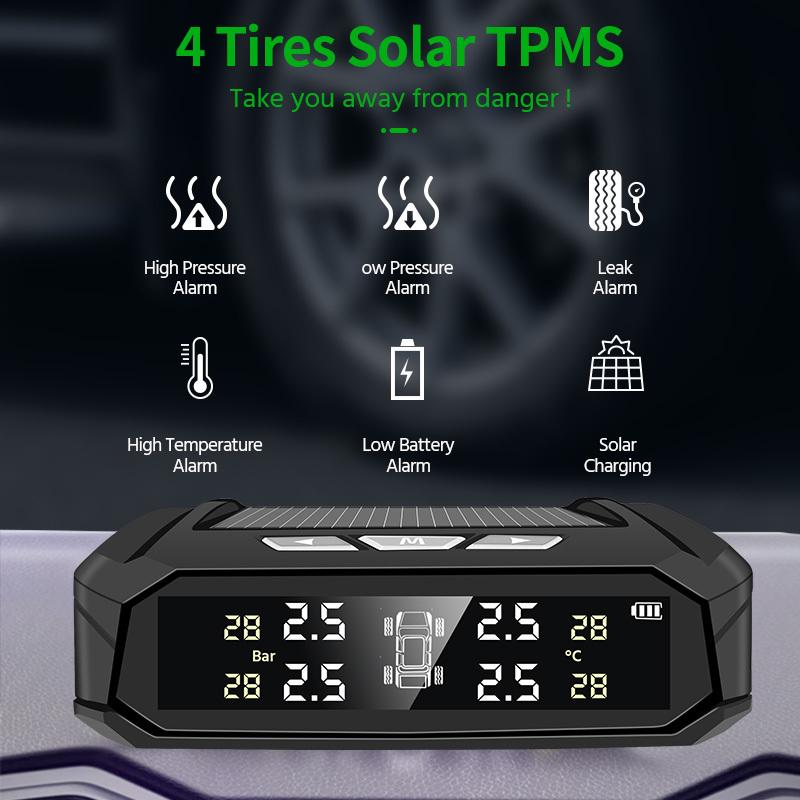 E-ACE K10 Солнечная TPMS Автомобильная система сигнализации давления в шинах Система контроля температуры шин Цифровой дисплей Автоматические системы охранной сигнализации с 4 датчиками