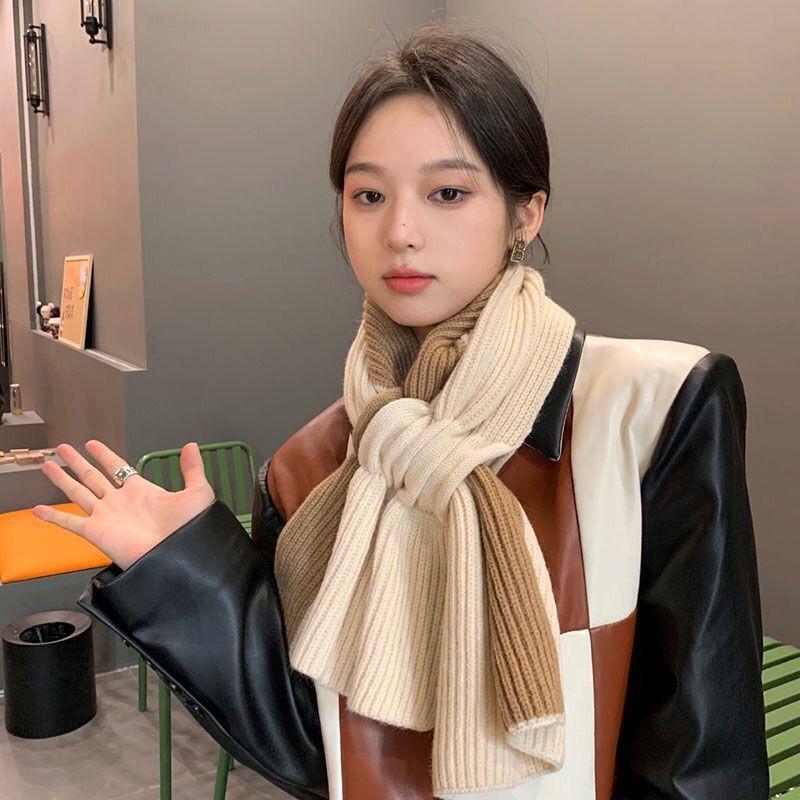 Japanese Scarf Women's Short Autumn/Winter Cross Knitted Scarf Korean Edition Color Blocked Versatile Winter Warm Neck Protection Internet Red Trend