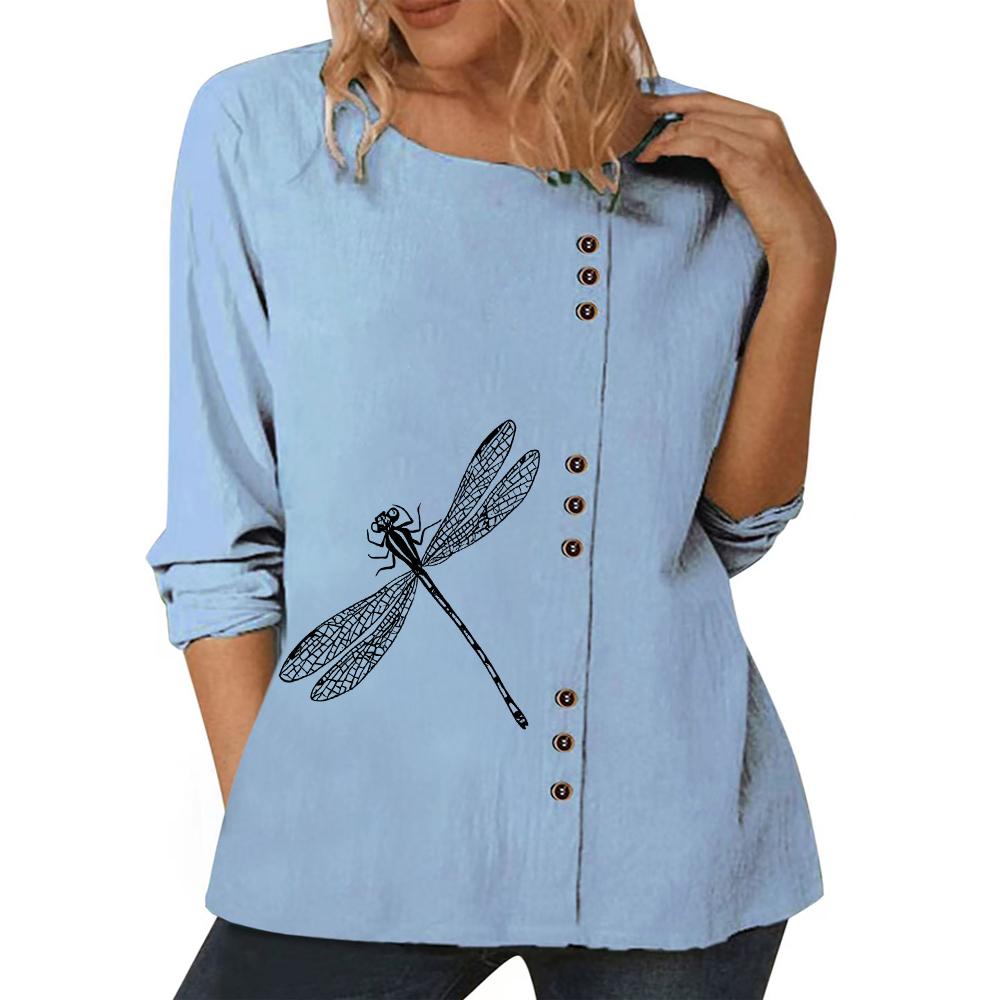 Женский модный хлопковый топ с множеством принтов, круглым вырезом и длинными рукавами