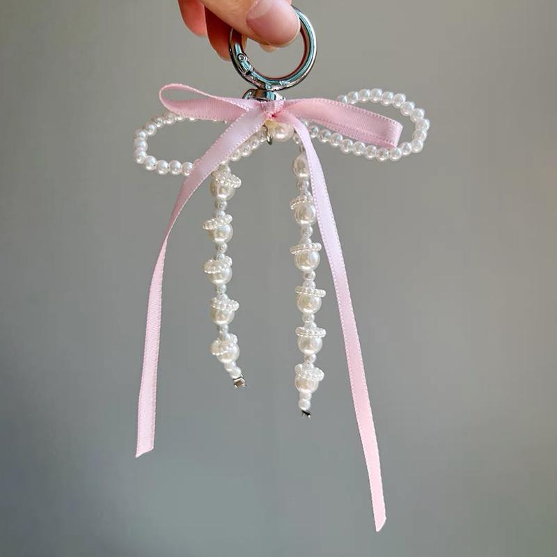 Women Girls Keychains Rings Holders Pearls Silk Ribbon Sweet Y2K Bag Pendants Creative